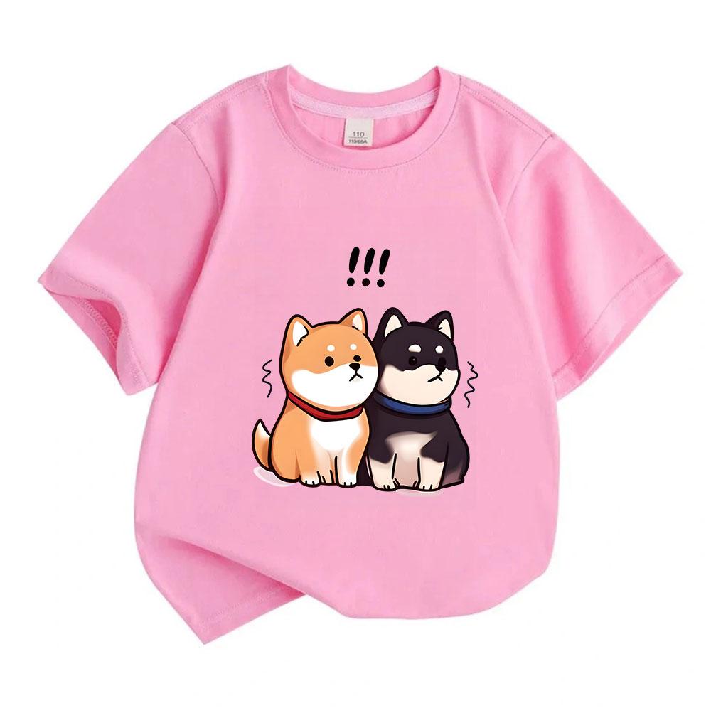 Kids Boys Girls Crew Neck Short Sleeve 100% Cotton T-shirt, Cute Cartoon Shiba Inu Couple Surprised Print Casual Soft Breathable Summer Tee for Childr
