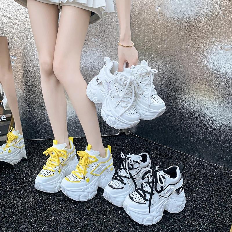 9CM New 2025 Chunky Leather Sneakers Summer Casual Vulcanized Shoes Woman High Platform Breathable Mesh Sneakers Sport Dad Shoes
