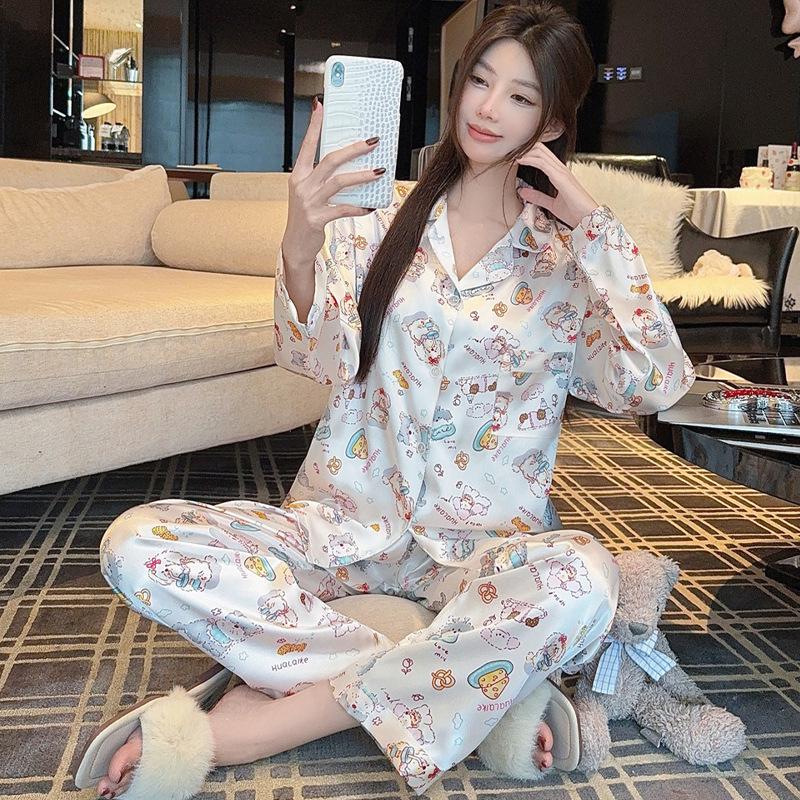 Ice Silk Pajamas Women'S Spring Thin Long-Sleeved Two-Piece Set, Sweet And Cool Loungewear Can Be Worn Outside