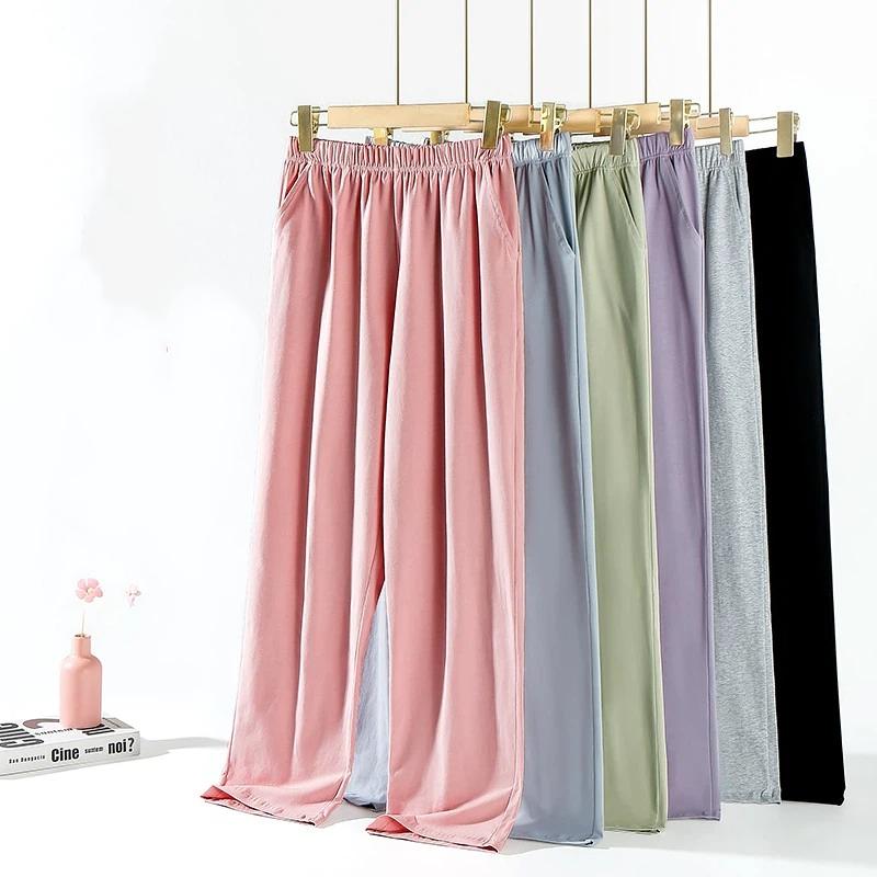 Women's Cotton Lycra Pajama Pants 180GSM Casual Loose Long Trousers With 2 Pockets Elastic Waist Home Sleepwear Pants