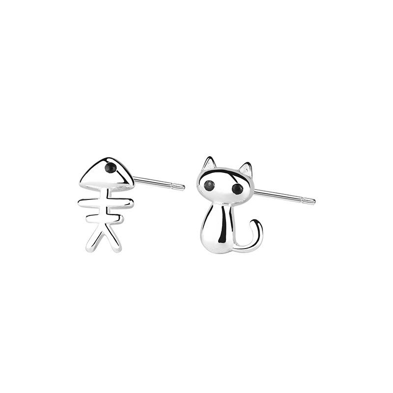 Cute Cat And Fish Asymmetric Stud Earrings Creative Simple Temperament Jewelry For Women Fashion Accessories