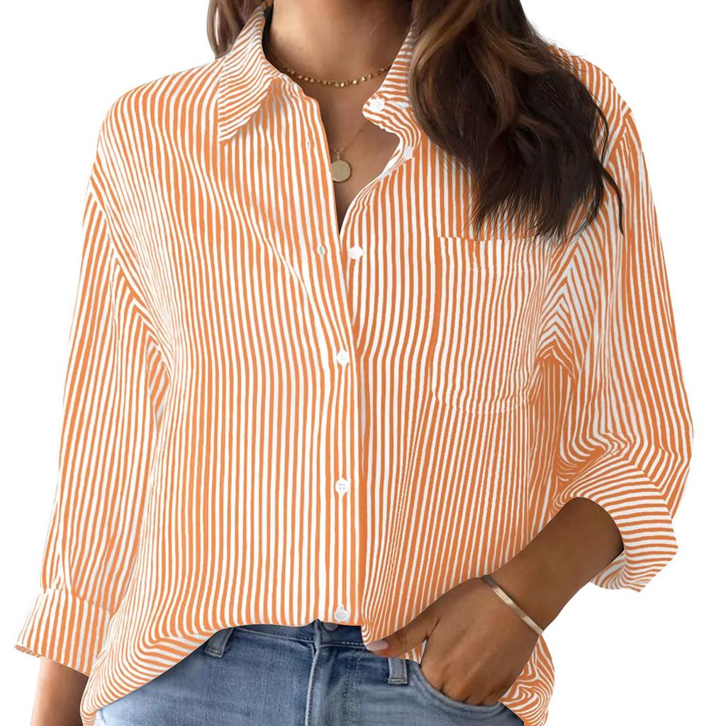 Womens Button Down Shirts Striped Classic Long Sleeve Collared Office Work Blouses Tops with Pocket