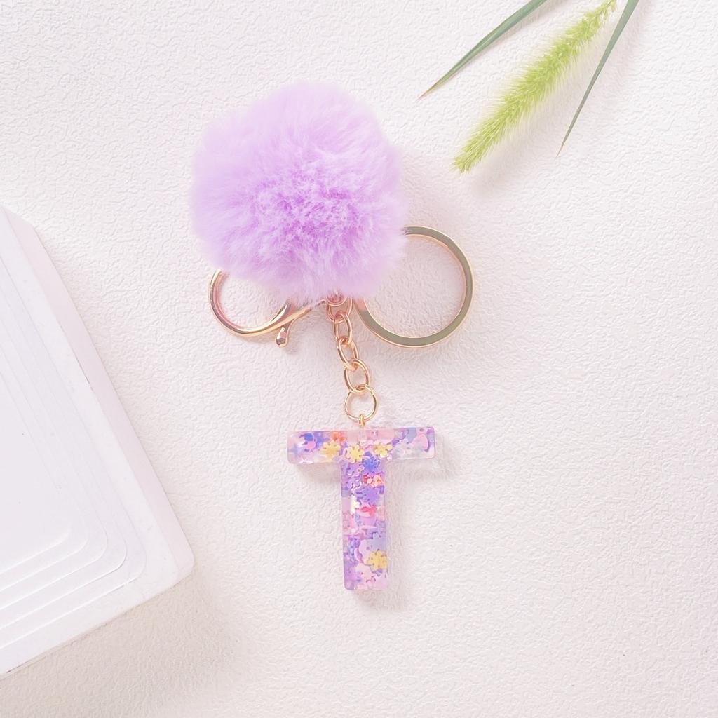 Hairball English 26 Letter Keychain Purple Resin Bag Key Chain Love Sequins Crystal Pendant