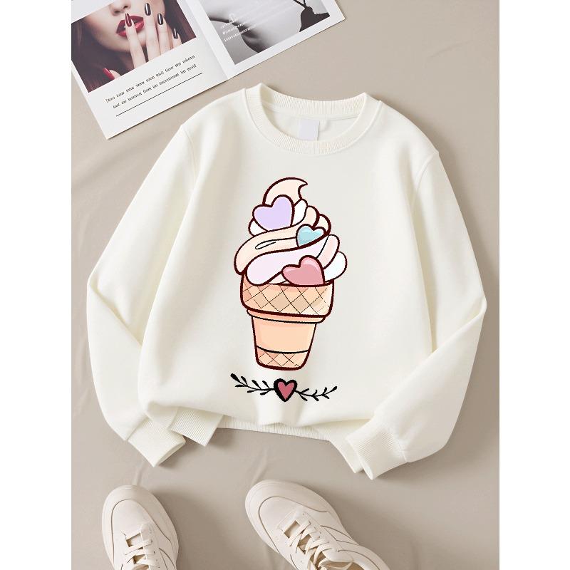Kids Sweatshirt Crewneck Sweatshirt for Kids Featuring a Heart-Shaped Ice Cream Cone Design, Suitable for Machine Washing