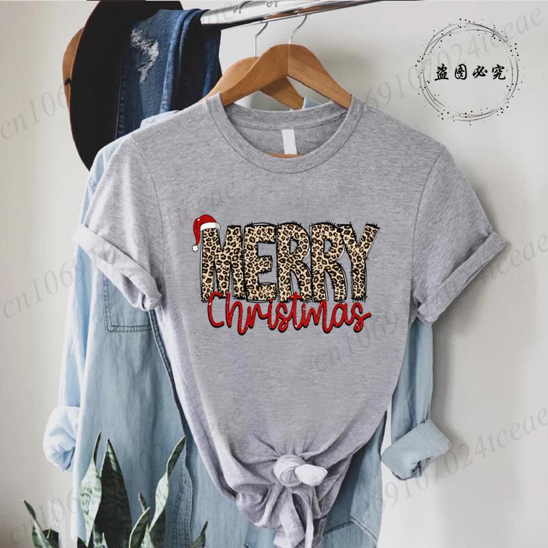 Leopard Merry Christmas Print TShirts Crew Neck Tshirt Casual Short Sleeve Top for Christmas Unisexs Clothing Tshirt Top