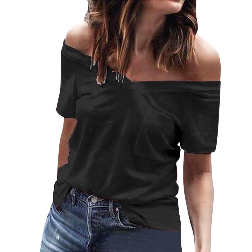 Buy Women Summer Pockets Cold Shoulder Short Sleeve Shirt Casual Tops ...