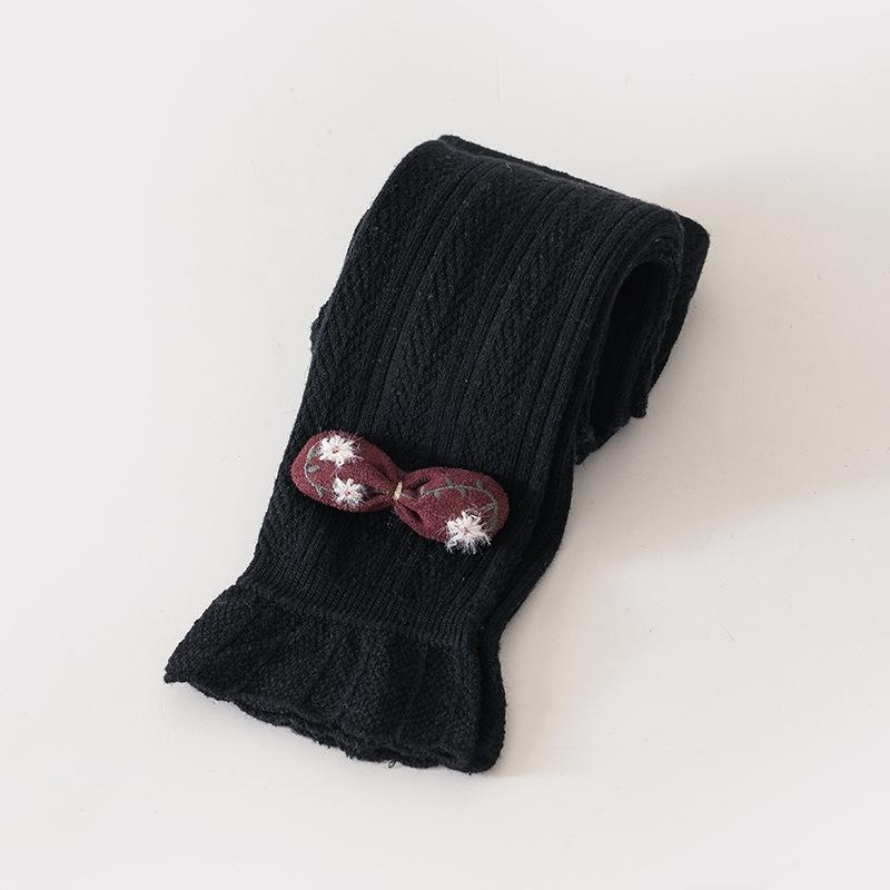 Lovely Baby Girls Trousers Solid Color Cartoon Trousers Knit Side Bowknot Trim Leggings Soft Warm Spring Autumn Cotton Tights
