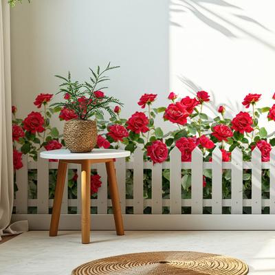 Fence Rose Bush Wall Sticker Removable Waterproof PVC Red Flower Pattern Sticker Home Office Living Room Bedroom Wall Decoration Decal