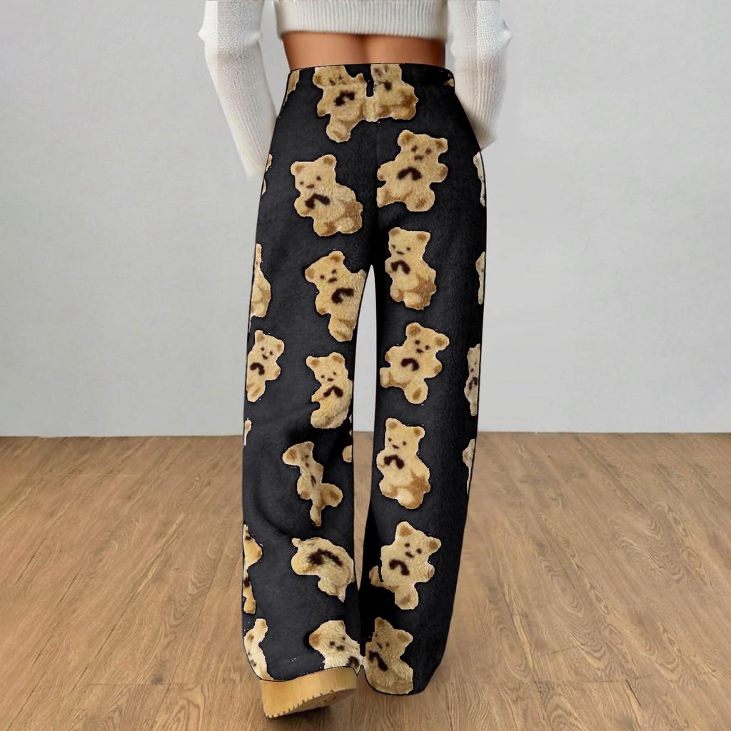 Pantalon de Pyjama en Peluche Ours Mignon pour Femmes avec Poche Jambe Large Pantalon Décontracté en Peluche