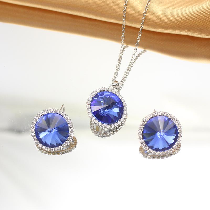 Edelstahlkette 3D Doppellagig Blaue Zirkonia Blume Anhänger Halsketten Ohrringe Zirkon Set für Damen Schlüsselbein Halsband Geschenk