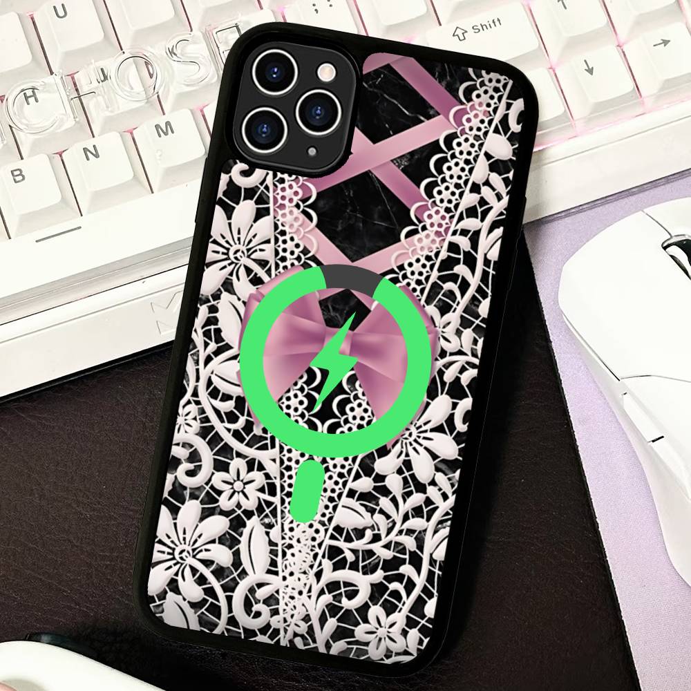 

Lace Pattern Phone Case For IPhone 16 15 14 13 12 11 17 Pro Max Plus Magnetic Wireless Cover iPhone 16 plus
