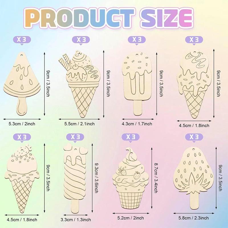 40Pcs Wooden Ice Cream Cutouts Ornaments To Paint,Summer Decorations 8 Styles Diy Blank Unfinished Wood Cutouts Ornament