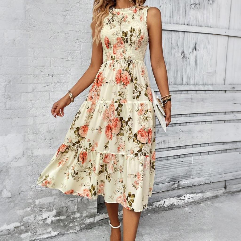 Women Sleeveless Crew Neck Ruched High Waist Floral Print Midi Dress Elegant Casual Loose Fit Sundress for Daily Wear