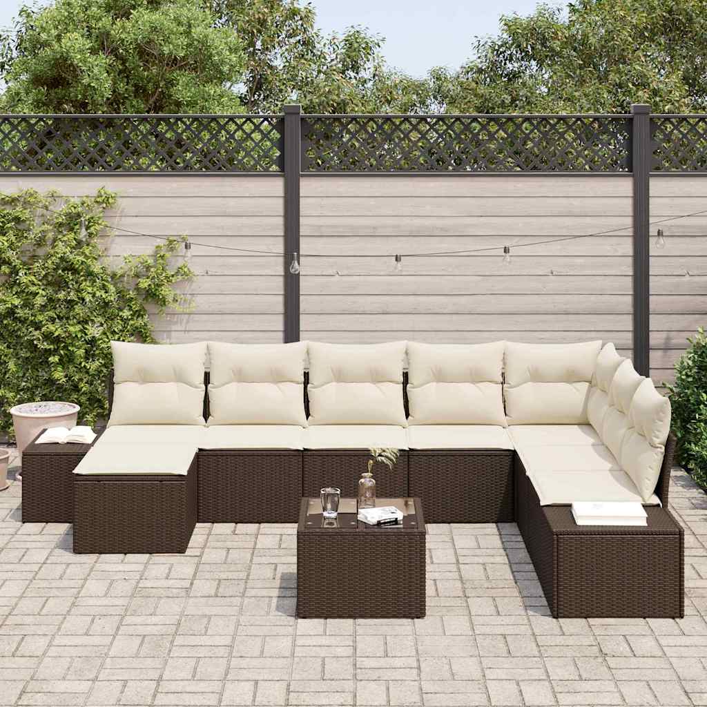 Garden Sofa Set with Cushions 9 pcs Brown Poly Rattan