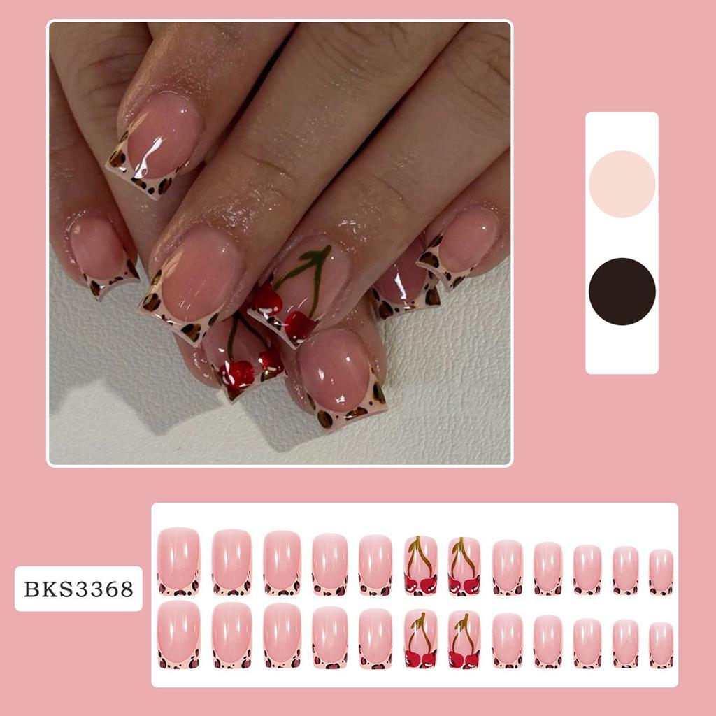 24x Leopard Print False Nail Fruit Artificial Nail French Tip Full Cover Stick On Nail Glossy Press On Nail for Woman