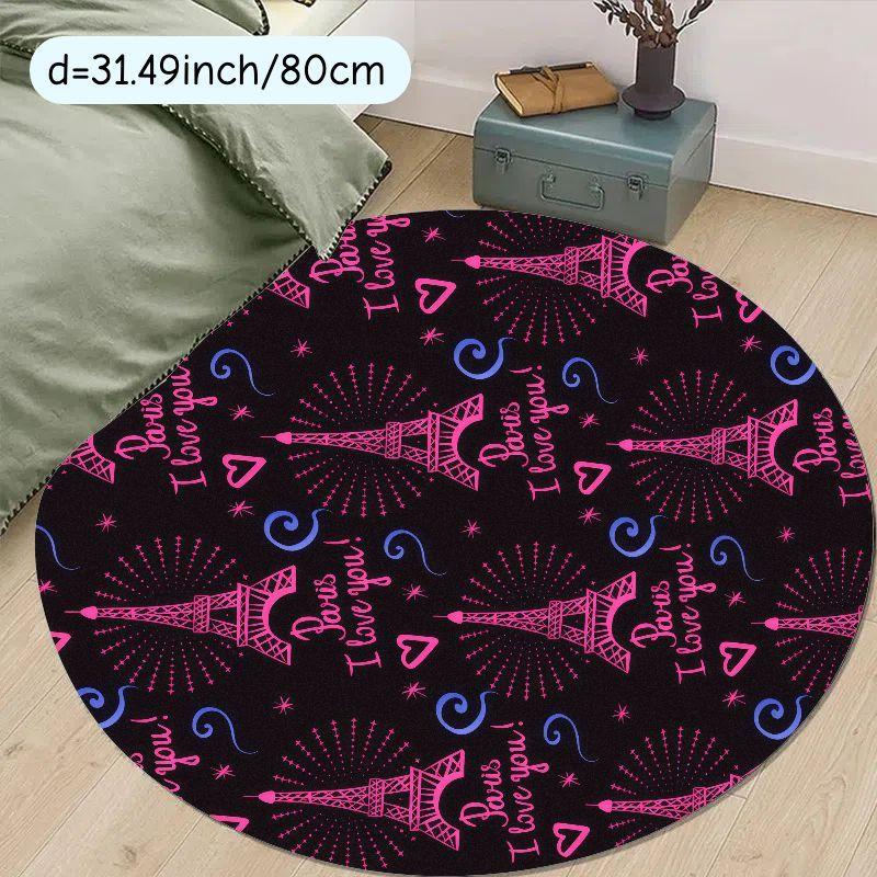 Paris Love Eiffel Tower Round Rug Flannel Soft Non Slip Mat Living Room Bedroom Decor Gift For Her Valentine Day Romantic Home 60cm x 60cm