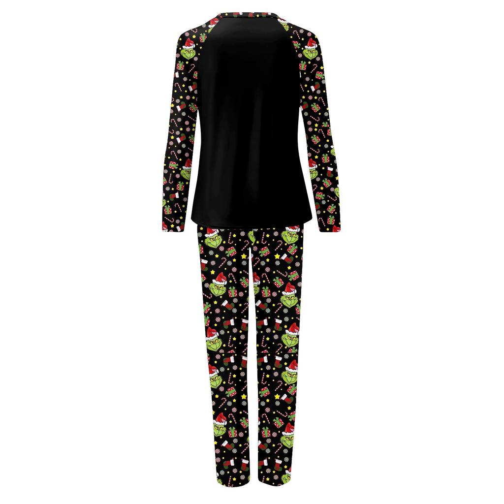 Family Matching Christmas Print Pajama Set Long Sleeve Neck Top and Pants for Kids and Adults