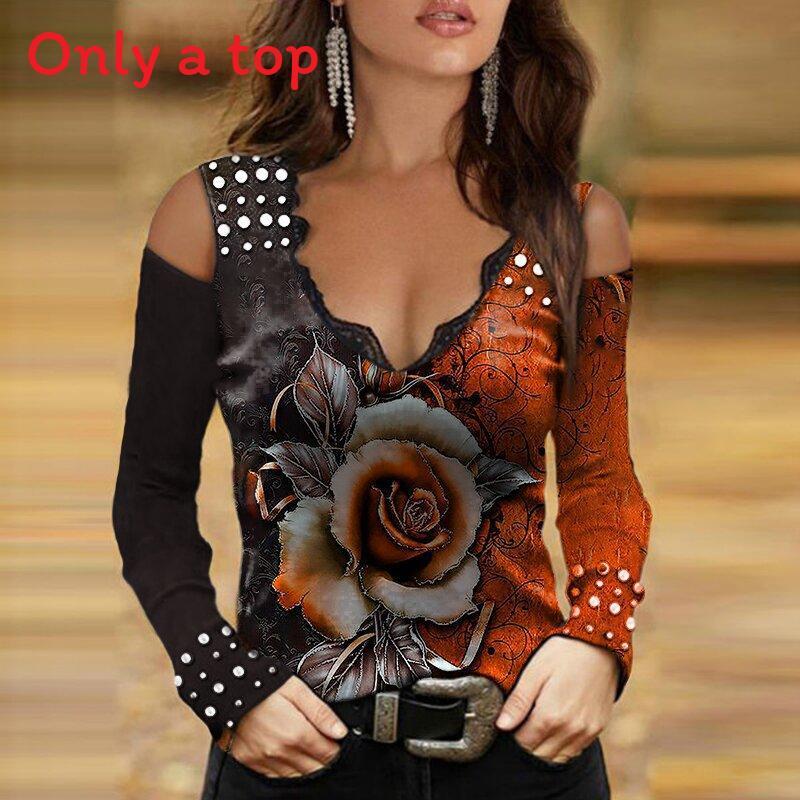 Spring V Neck T Shirt With Lace And Flower Print For Elegant Office Wear