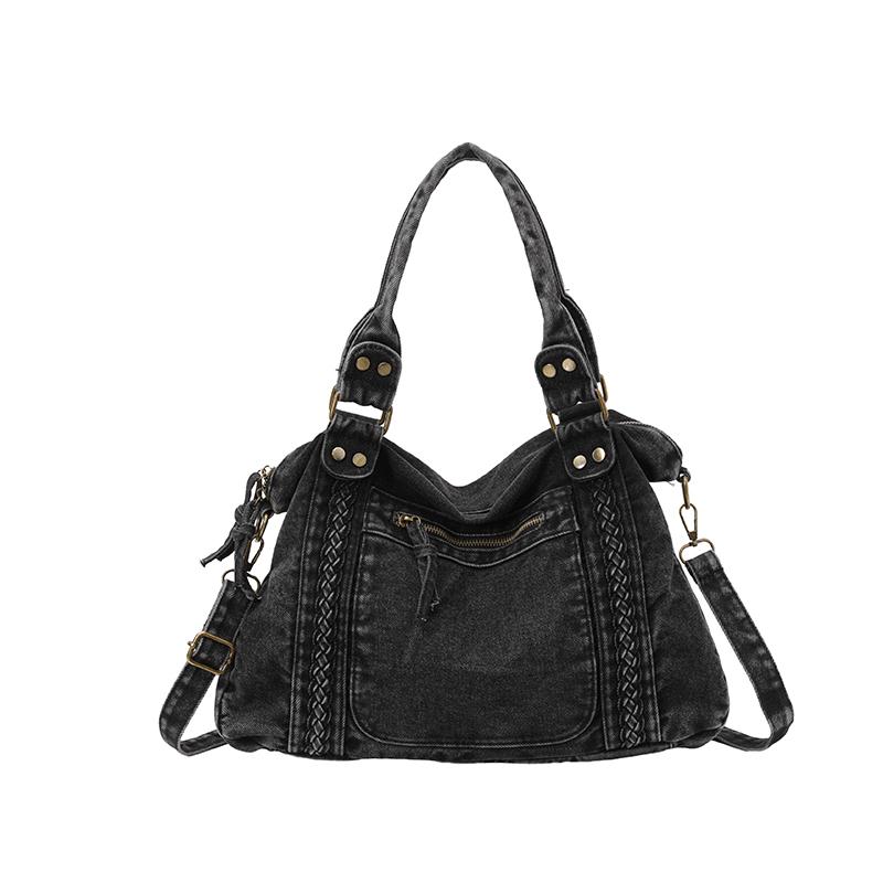 Vintage Denim Handbag with Braided Details Large Capacity Shoulder Crossbody Bag for Women