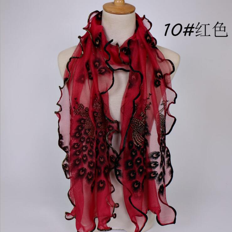 Women Chiffon Neck Scarf Flower Peacock Embroidered Lace Scarf Femmes Silk Long Soft Elegant Shawl New Spring Muffler Scarves