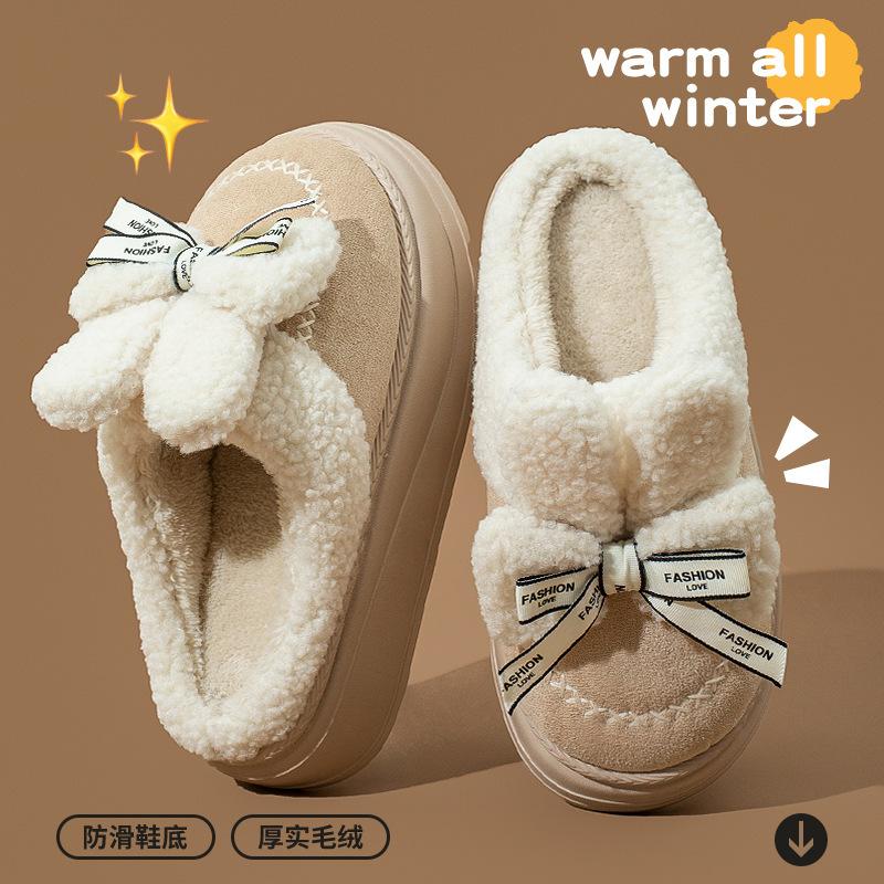 Cotton slippers women's platform bow velvet slippers cold-proof thickened warm autumn and winter indoor shoes