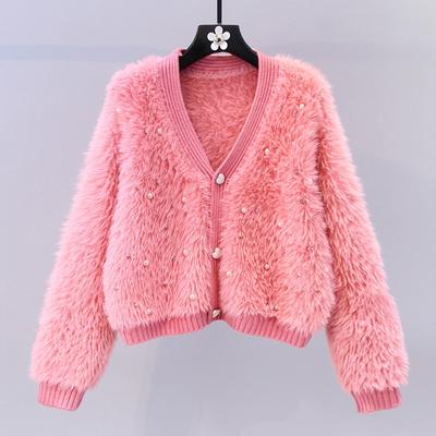 Small Perfume Style Beading Imitation Mink Velvet Sweater Jacket Women Loose Short V-neck Knitted Cardigan Comfortable Versatile and Fashionable