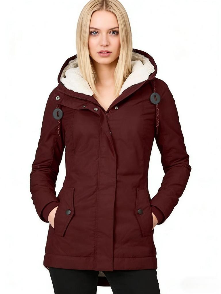 Women's Hooded Sherpa Lined Midi Coat Solid Color Zip Up Warm Winter Casual Outerwear Jacket