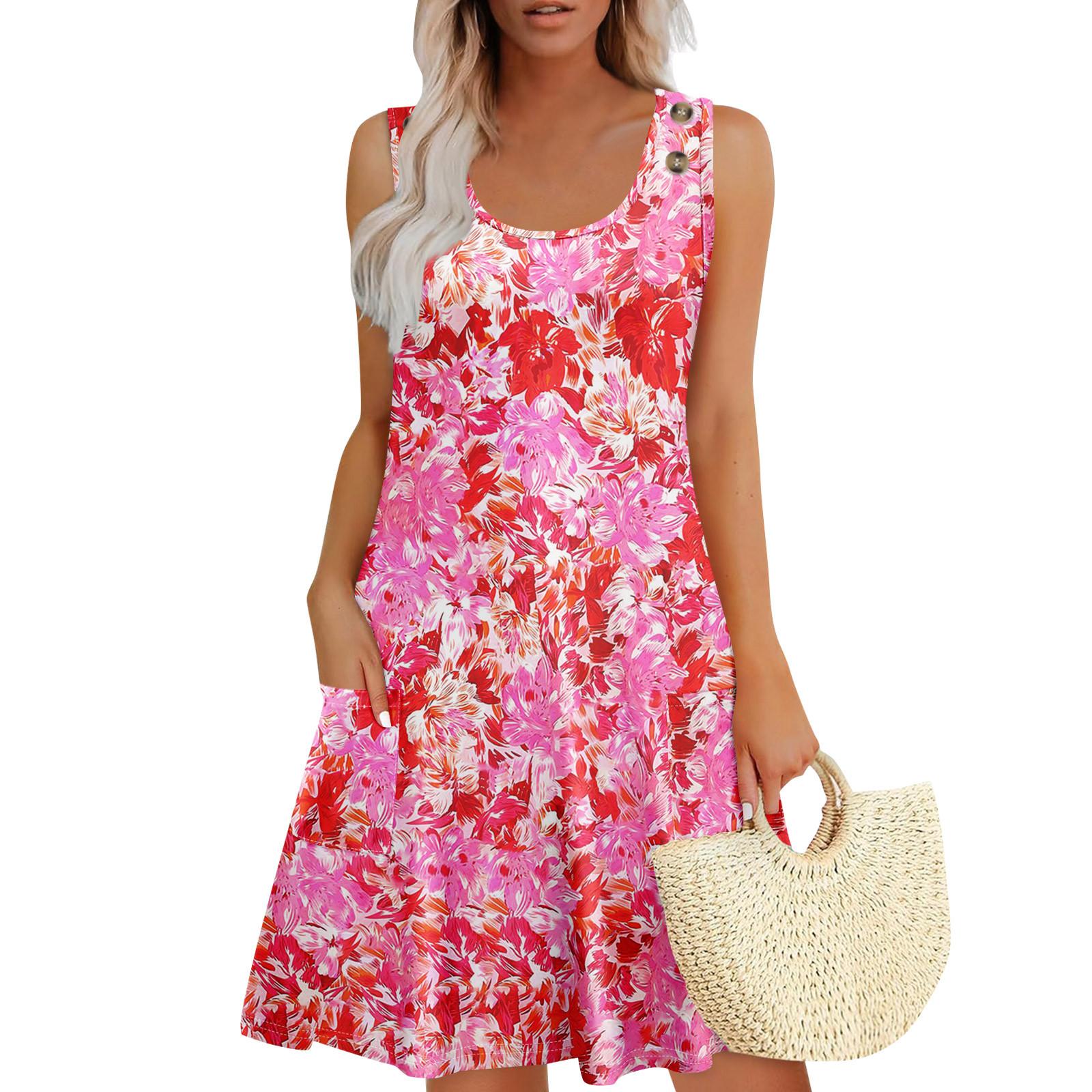 

Літні сукні для жінок Пляжні футболки без рукавів у стилі бохо без рукавів Сарафани-майки з кишеньковими рукавами M рожевий