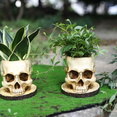 Harzschädel-Pflanzgefäß für den Außenbereich für Halloween - Gotische Heimdekoration Sukkulenten-Blumentopf Gartendekoration Gruseliges Halloween-Ornament
