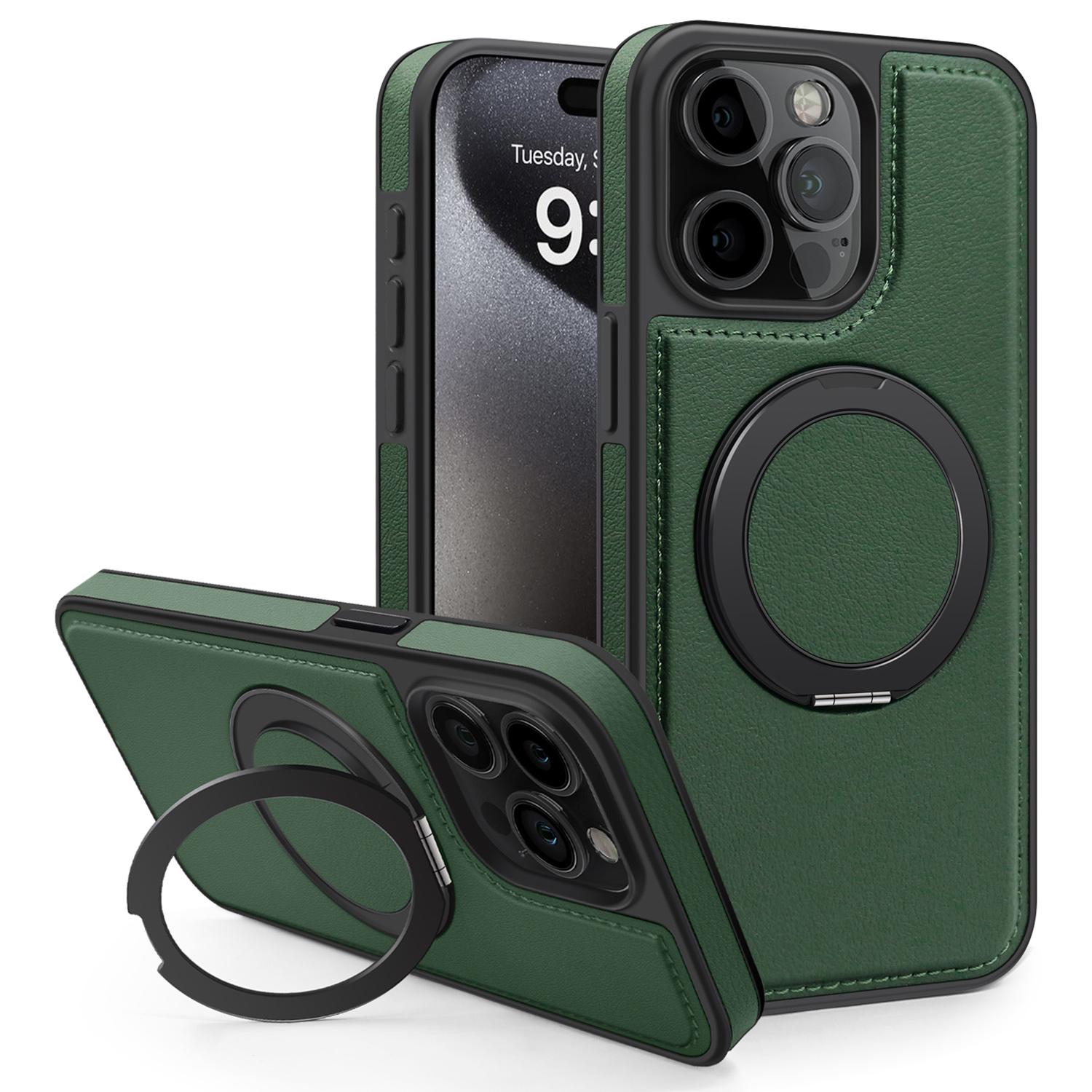 

For iPhone 15 Pro Case with Ring Kickstand Compatible with MagSafe PU Leather Back Cover Dark Green