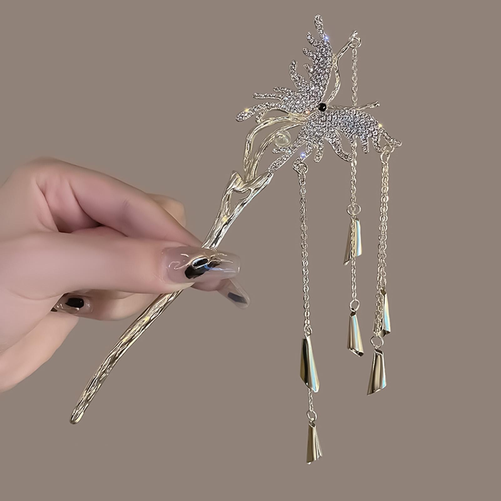 

Elegant Butterfly Hair Sticks Forks Chain Tassel Hairpins New Chinese Style Hairpins Shiny Rhinestone Hair Jewelry for Women