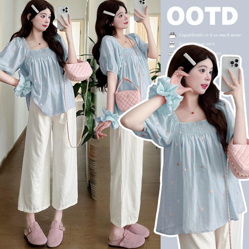 

2026 Spring/Summer Maternity Slimming Embroidered Two-Piece: Straight Nine-Point Pants & Doll Shirt Top Medium