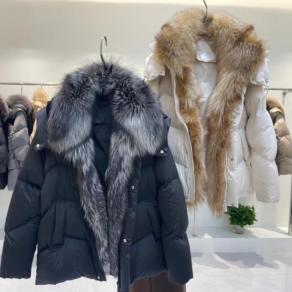 Europe Station winter new high-end fur silk fox fur collar down jacket women's short loose thickened coat