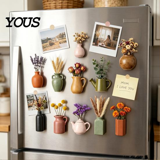 Strong Magnetic Note Holders Mini Ceramic Vase Fridge Magnets, Cute Tiny Flower Magnets for Small Planters Metal Surfaces Artificial Flowers,