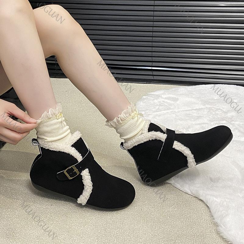 Fashion Winter New Belt Buckle Women Cotton Shoes Casual Flat Bottom Comfortable Botines Padded Outer Velvet Short Snow Boots Females