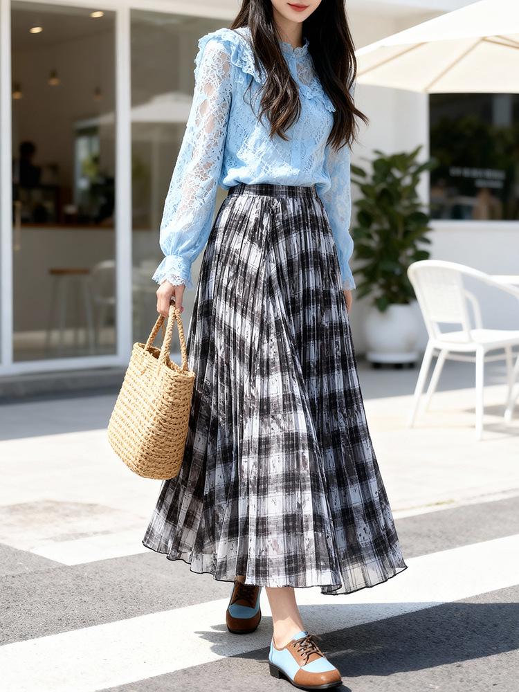 Fei Yuan Women's Lightweight Plaid Color Block Wide-Hem Skirt - Early Spring Fashion