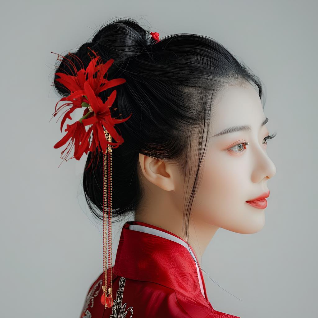 Chinese Style Women Flower Hairpin Fine Workmanship Red Lily Tassel Hairpin for Birthday Stage Party Show