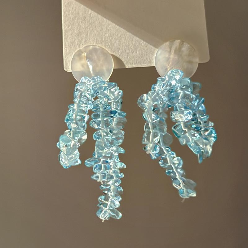 Ice quenched blue flower artificial crystal fringed earrings Cool wind temperament stud earrings Internet celebrity earrings