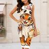 Women Plus Size Round Neck Sleeveless Printed Bodycon Midi Dress