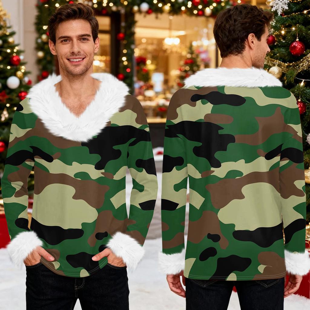 Men's Christmas Printed Fleece Lined Hoodie | Faux Trim Party Sweatshirt With Pocket | Plus Size Loose Fit Holiday Pullover