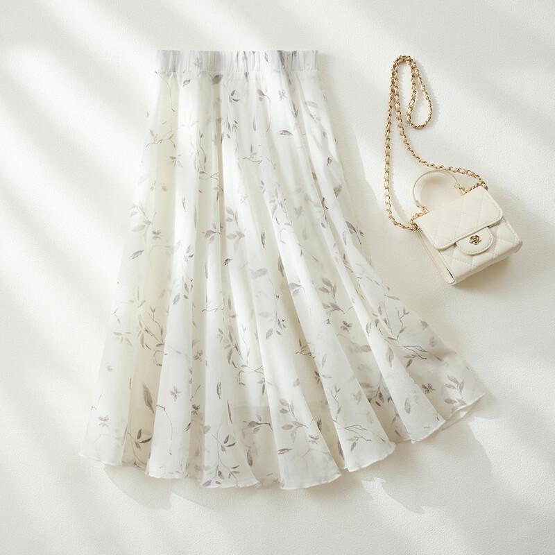 Mulberry Silk Floral Leaf A-line Midi Skirt F