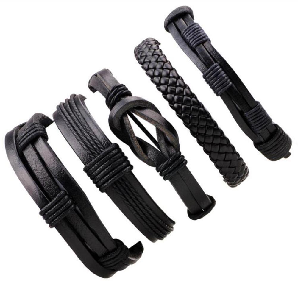 5Pcs/Set Men Fashion Leather Wax Rope Braided Bracelet