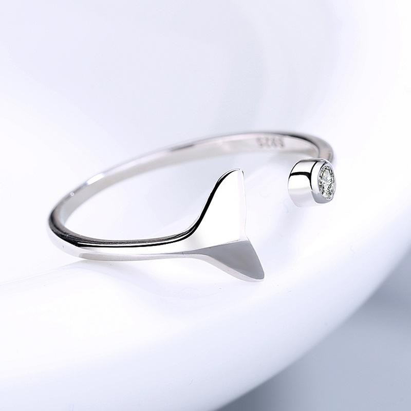 S925 Sterling Silver Mermaid Tail Ring Opening Adjustable Diamond-Studded Ring Korean Style Personality All-Match Jewelry Silver Accessories