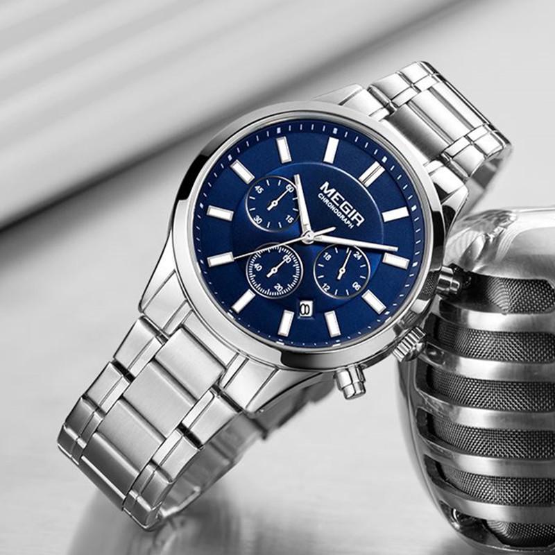MEGIR Luxury Business Quartz Watch for Men Stainless Steel Strap Luminous Date Waterproof Male Casual Wristwatch Chronograph Clock 2150