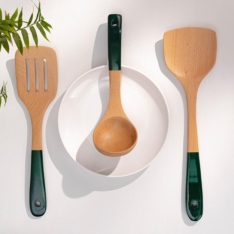 Dunkelgrün Langer Griff Holz Kochküchenutensil Antihaft Pfannenwender Hitzebeständig Suppenlöffel Utensil Küchenzubehör