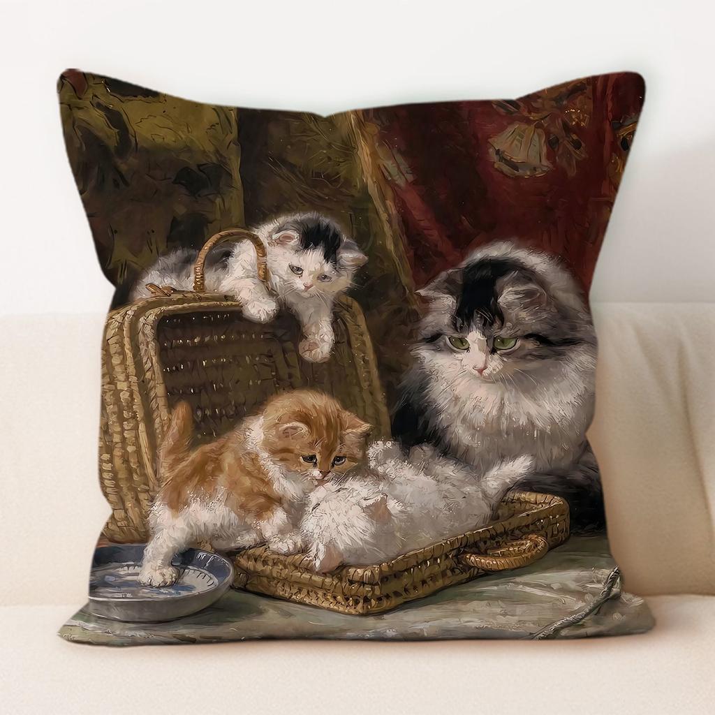 Oil Painting Cat Cat Picture Pillowcase Living Room Sofa Cushion Cover Bedside Pillow Pillowcase Home Decoration