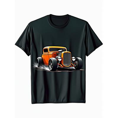 Hot Rod Car Graphic T Shirt Men Orange Vintage Auto Print Short Sleeve Crew Neck Tee