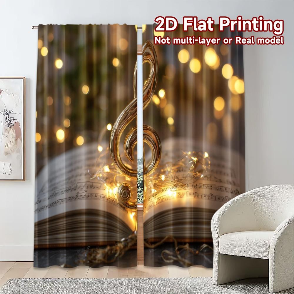 2pcs, 2D FLAT PRINTING Curtains (Without Rod) Golden Melody Light Filtering Popular Curtains Machine Washable Fabric Curtains