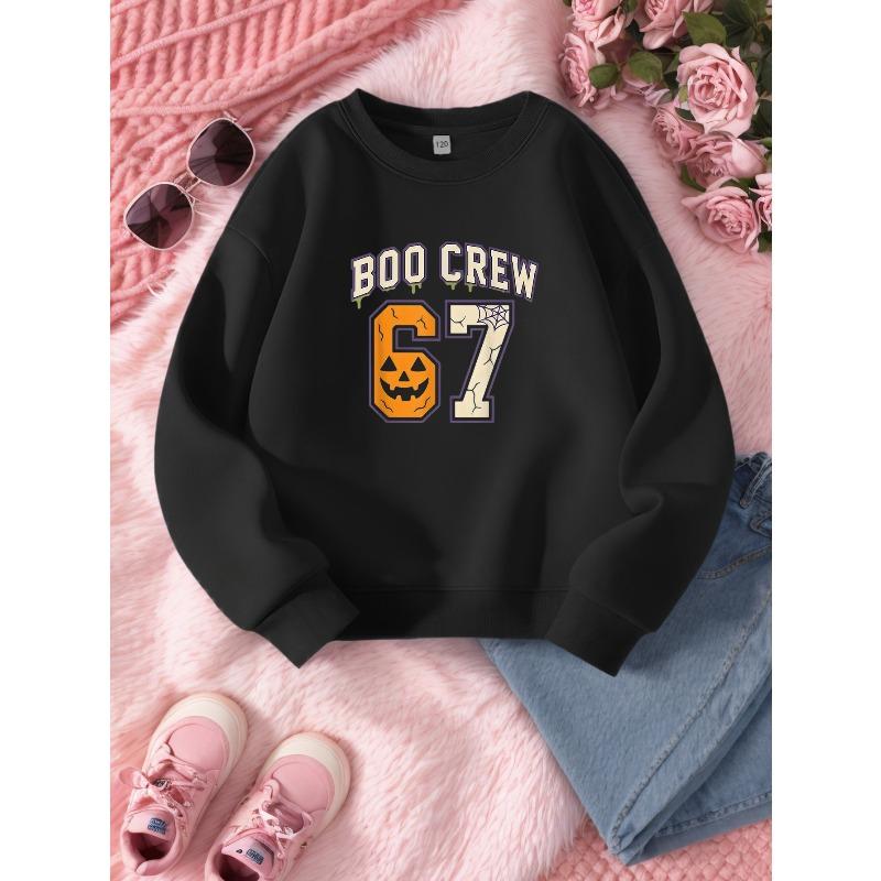 Kids Unisex Crewneck Sweatshirt, Halloween Boo Crew Pumpkin Spider Web 67 Number Long Sleeve Pullover, Sweatshirt for Boys Girls Over 4 Years Old