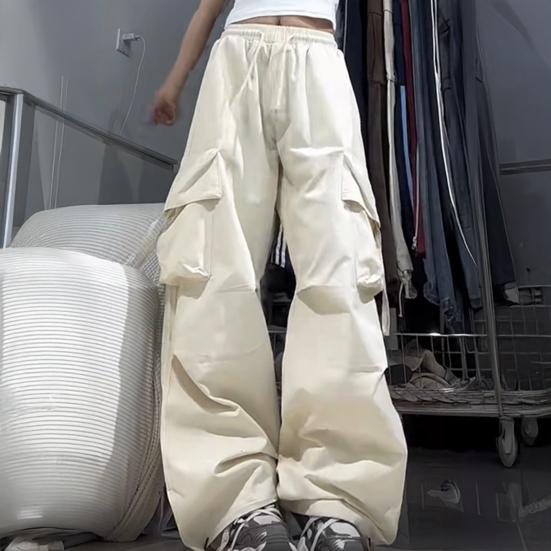 Women Pants Elastic Waist Adjustable Drawstring Wide Leg Casual Trousers Multi Pockets Design Cargo Pants